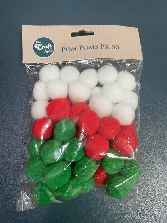 Pom Poms - Red, Green and White - Pack of 50