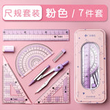 Exquisite 7/8in 1 Ruler Stationery Set Aluminum Alloy Compasses Multifunctional Combination Ruler Triangle Protractor Drawing