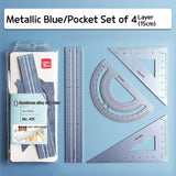 Aluminum Alloy Four-piece Ruler High Value Drawing Set Small Triangle Geometric Protractor Metal Ruler School Office Stationery