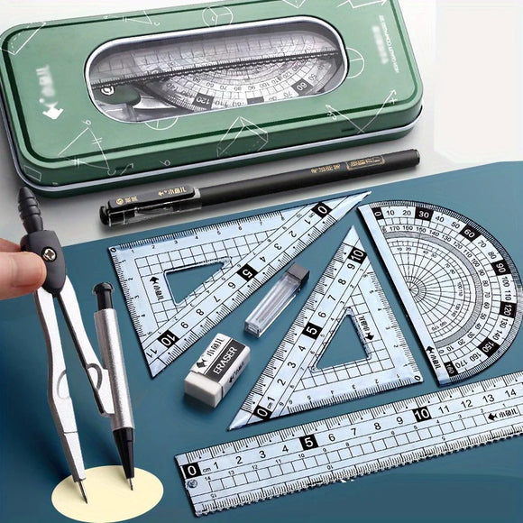 Exquisite 7/8in 1 Ruler Stationery Set Aluminum Alloy Compasses Multifunctional Combination Ruler Triangle Protractor Drawing