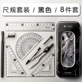Exquisite 7/8in 1 Ruler Stationery Set Aluminum Alloy Compasses Multifunctional Combination Ruler Triangle Protractor Drawing
