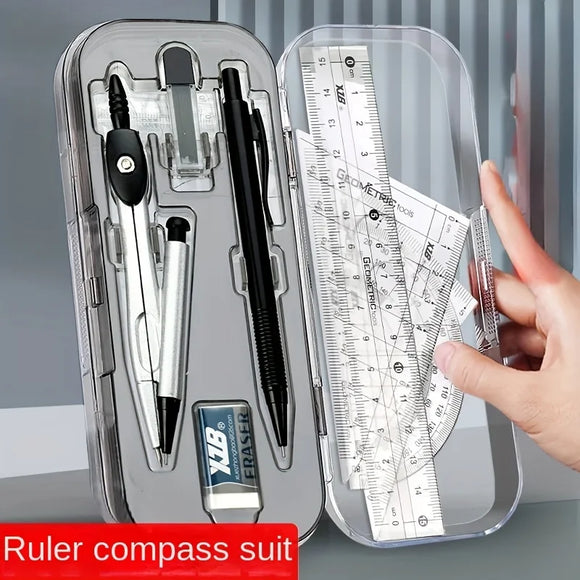 8PCS Drawings for Geometry School Compasses, Mechanical Pencils, Protractors, Rulers, and Tripods, with Storage Boxes