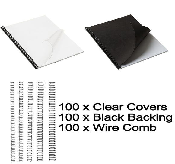 Binding Mega Bundle - 100 Clear Front Covers + 100 Black Back Covers + 100 Wire Binding Combs