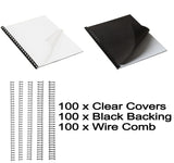 Binding Mega Bundle - 100 Clear Front Covers + 100 Black Back Covers + 100 Wire Binding Combs